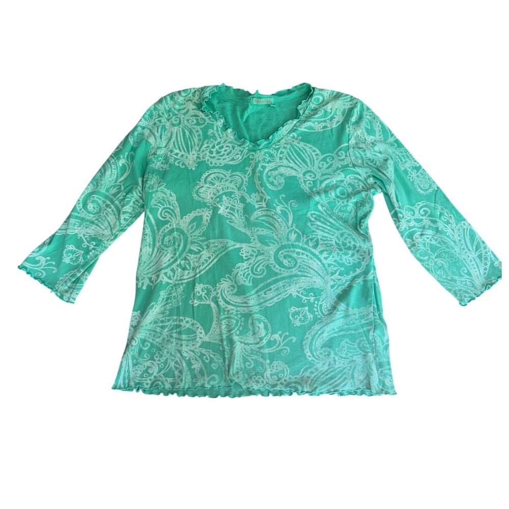 Fresh Produce Green 3/4 Sleeve Paisley Lettuce Trim Top